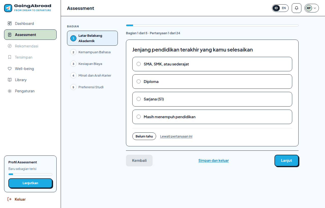 Tampilan pengisian assessment di aplikasi